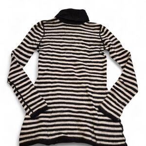 Striped Black and White Women's Cashmere Turtleneck Sweater Size L